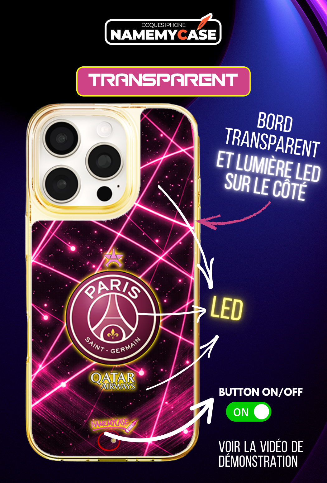 Coque iPhone LED - PSG Pulsion Rose