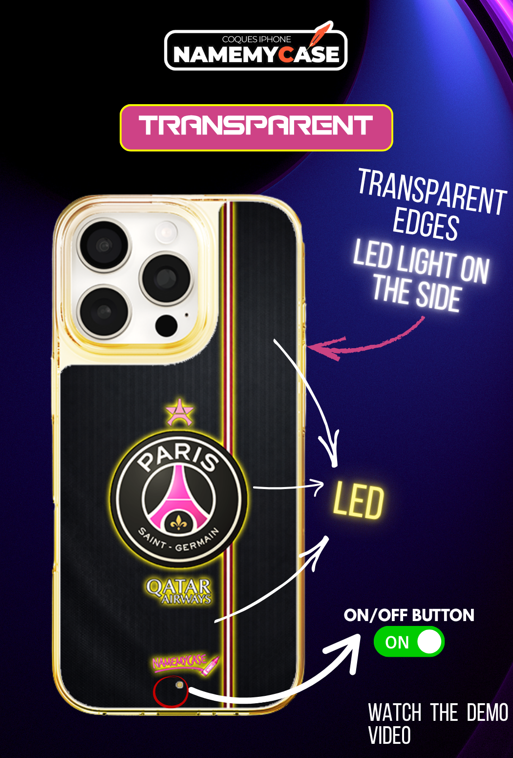 Coque iPhone LED - PSG Noir rose