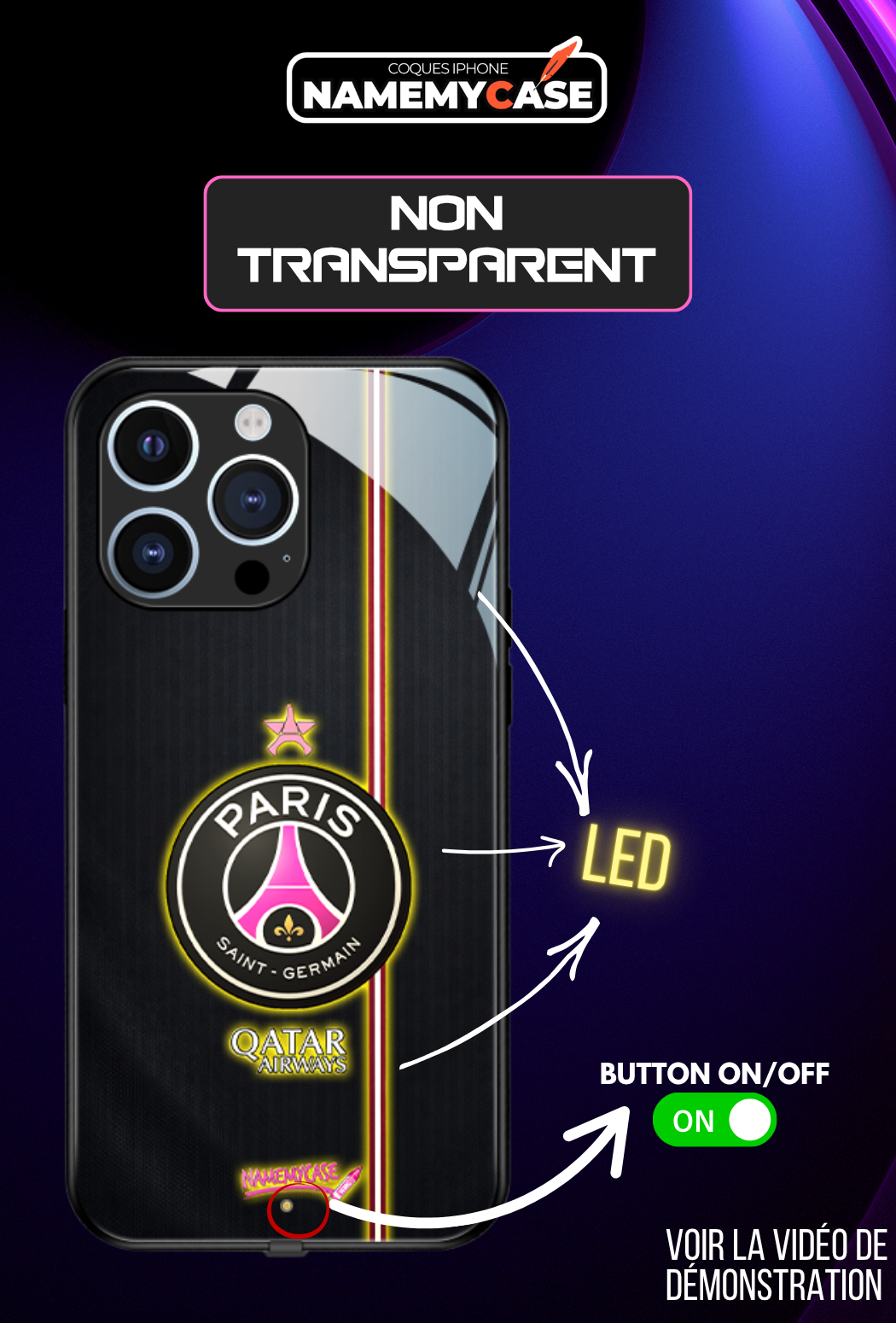 Coque iPhone LED - PSG Noir rose