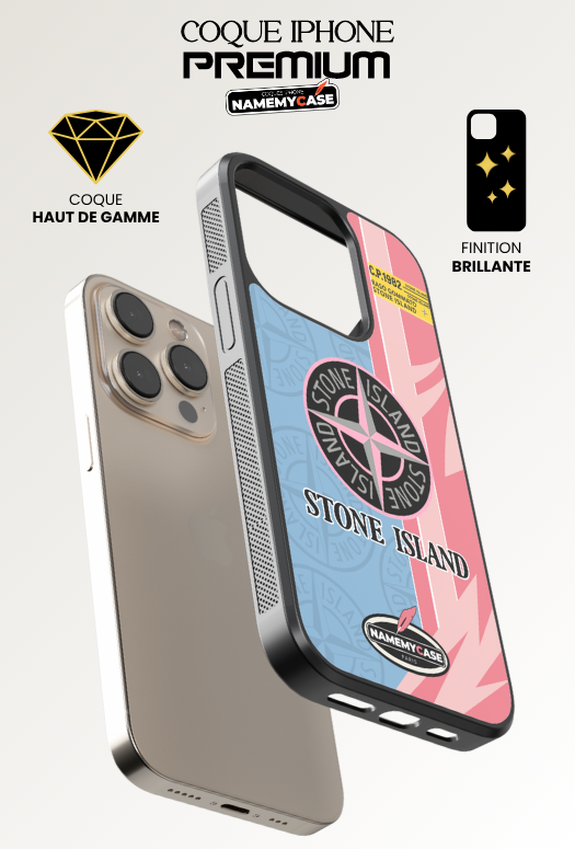Coque iPhone - Stone Island Bleu et Rose