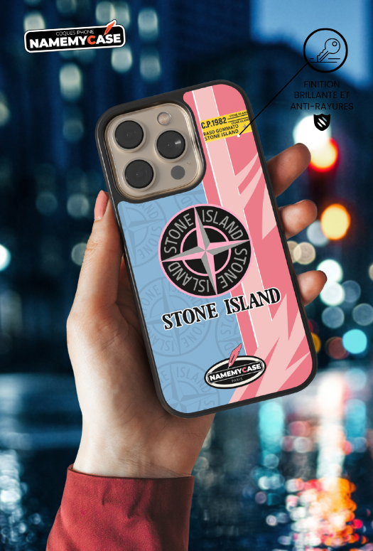 Coque iPhone - Stone Island Bleu et Rose